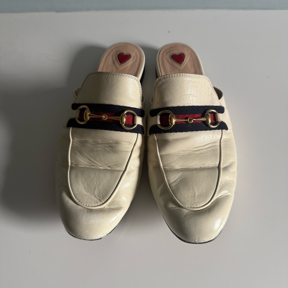 Gucci White Horsebit Accent Leather Mules